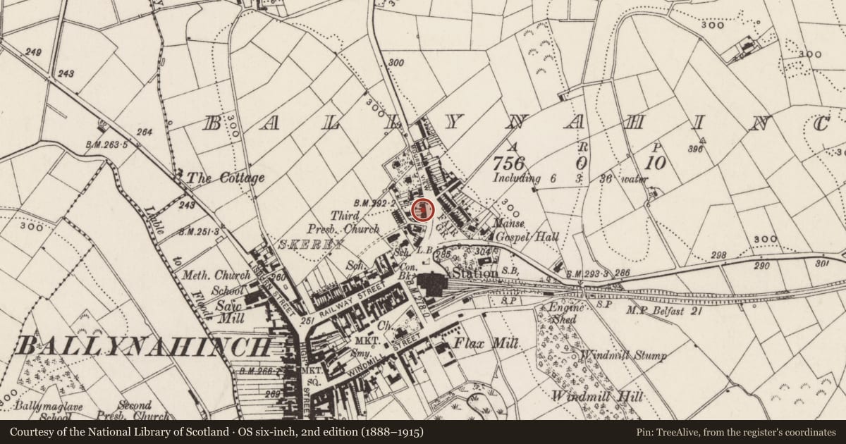 Ordnance Survey six-inch map, 2nd edition (1888–1915) covering the location of 2-12 Belfast Road, Ballynahinch, Newry, Mourne and Down, with a pin at the register's coordinates