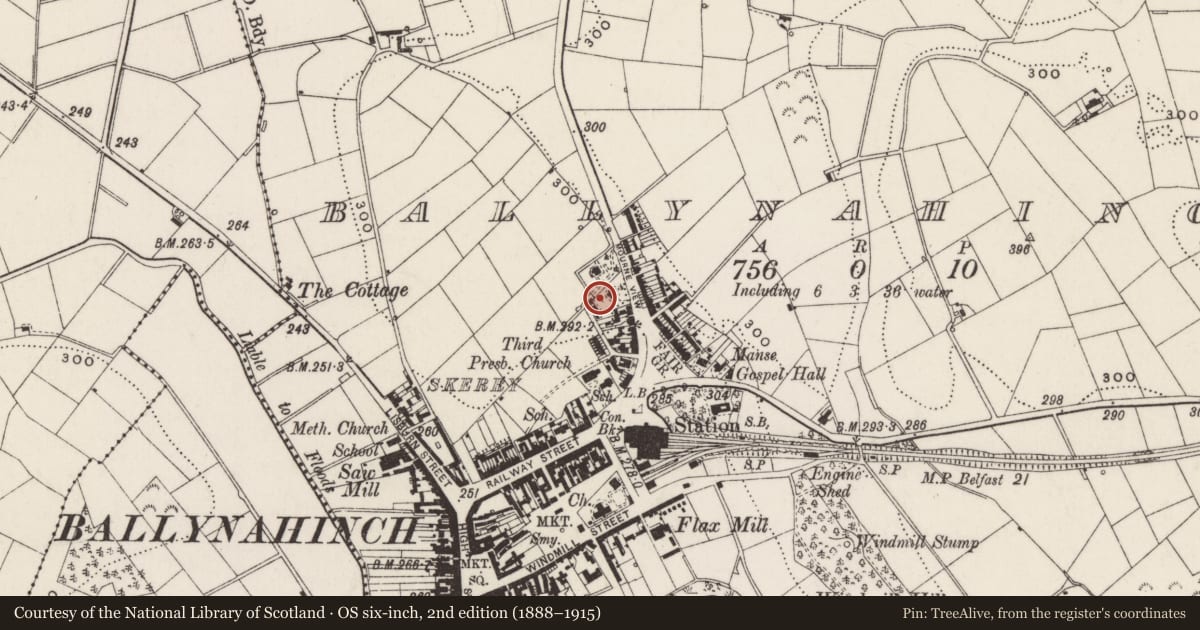 Ordnance Survey six-inch map, 2nd edition (1888–1915) covering the location of 22 Belfast Road, Ballynahinch, Newry, Mourne and Down, with a pin at the register's coordinates