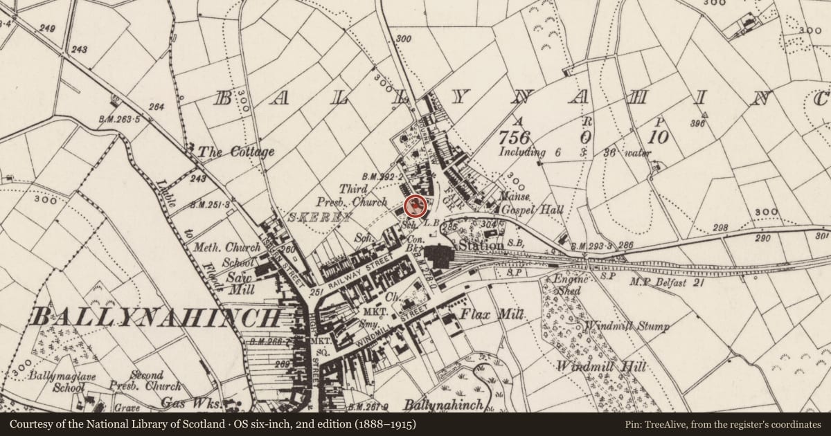 Ordnance Survey six-inch map, 2nd edition (1888–1915) covering the location of Rockmore, Ballynahinch, Newry, Mourne and Down, with a pin at the register's coordinates