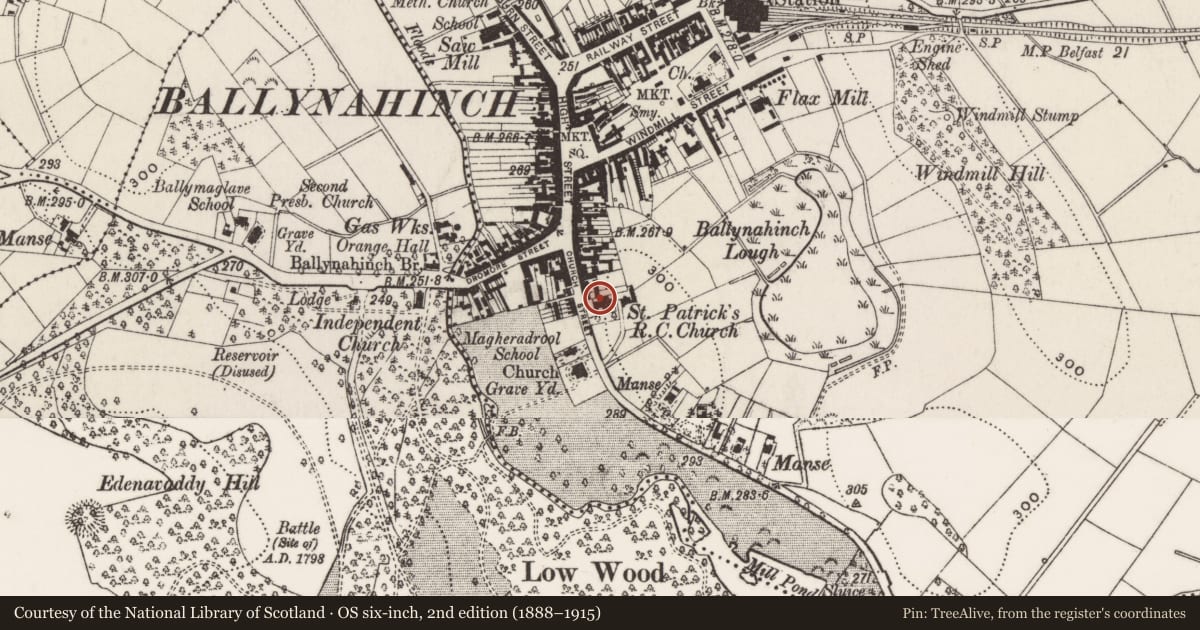 Ordnance Survey six-inch map, 2nd edition (1888–1915) covering the location of St Patrick's RC Church, Ballynahinch, Newry, Mourne and Down, with a pin at the register's coordinates