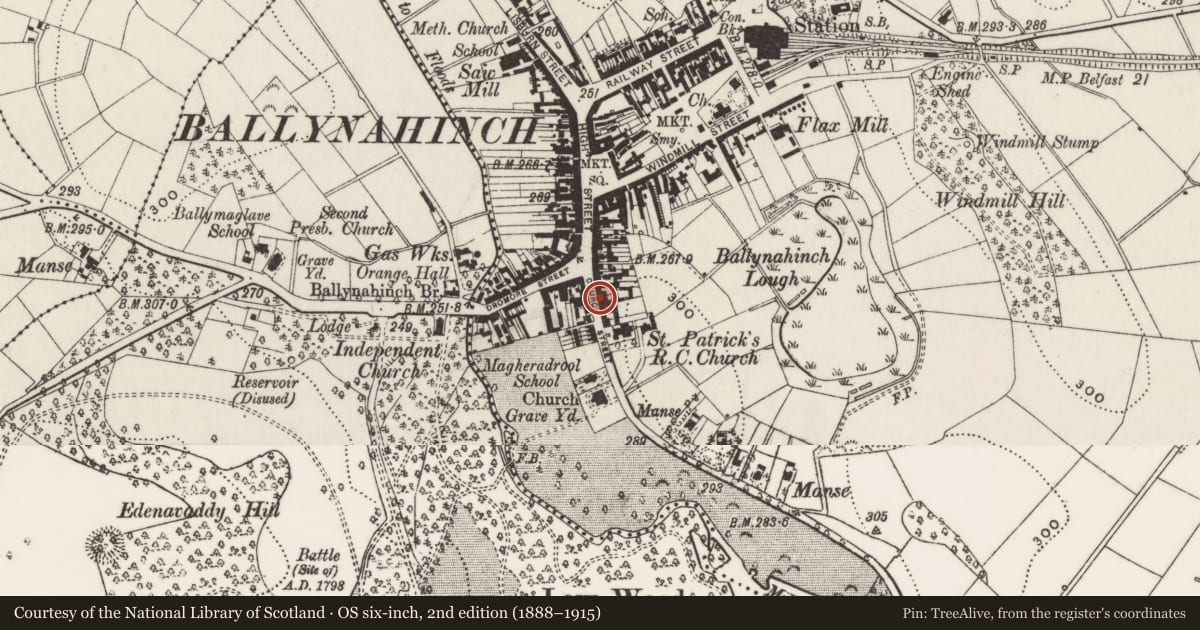 Ordnance Survey six-inch map, 2nd edition (1888–1915) covering the location of 18 Church Street, Ballynahinch, Newry, Mourne and Down, with a pin at the register's coordinates