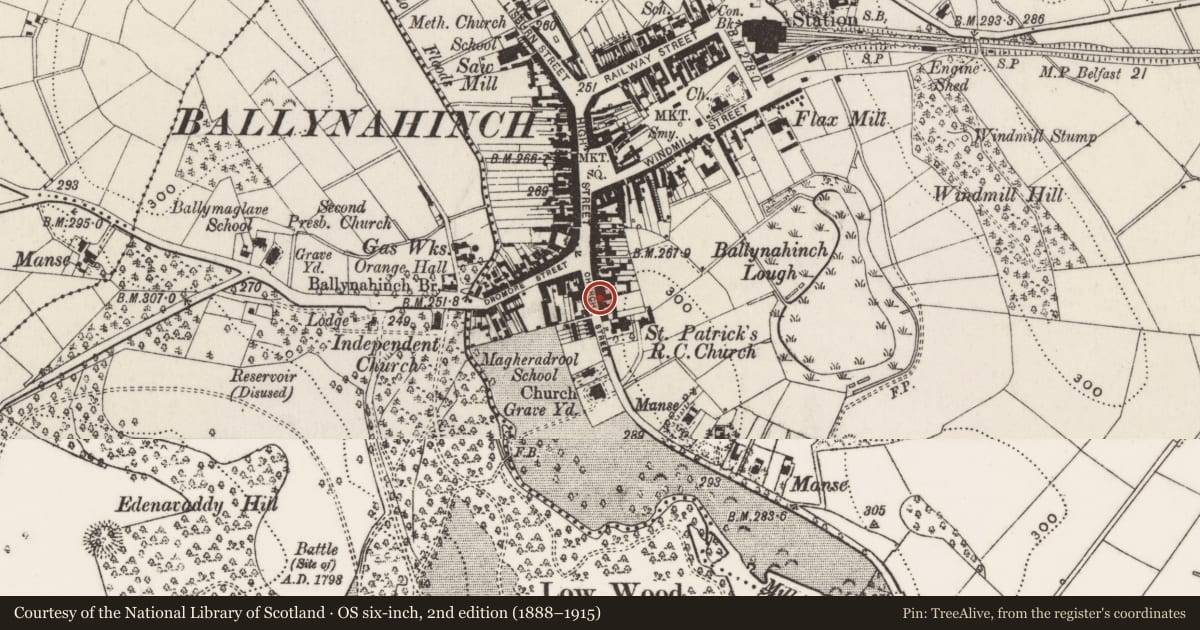 Ordnance Survey six-inch map, 2nd edition (1888–1915) covering the location of 20 Church Street, Ballynahinch, Newry, Mourne and Down, with a pin at the register's coordinates