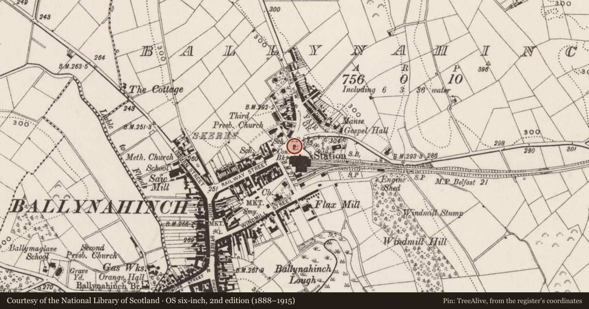 Ordnance Survey six-inch map, 2nd edition (1888–1915) covering the location of War Memorial, Ballynahinch, Newry, Mourne and Down, with a pin at the register's coordinates