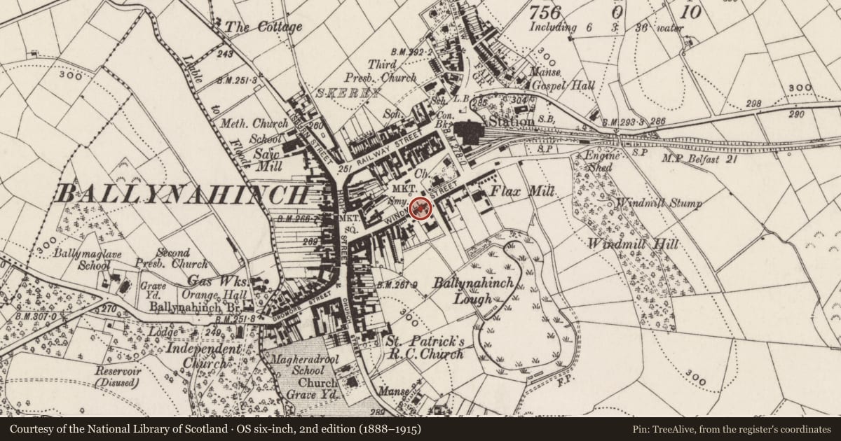 Ordnance Survey six-inch map, 2nd edition (1888–1915) covering the location of 45-47 Windmill Street, Ballynahinch, Newry, Mourne and Down, with a pin at the register's coordinates