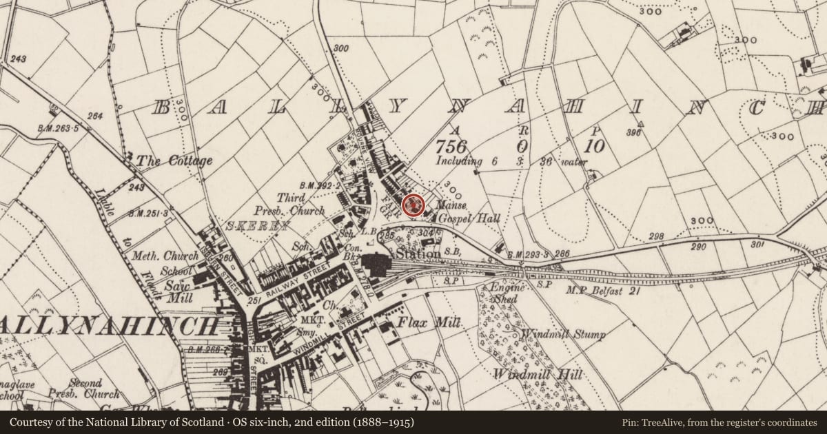 Ordnance Survey six-inch map, 2nd edition (1888–1915) covering the location of Belle Vista, Ballynahinch, Newry, Mourne and Down, with a pin at the register's coordinates