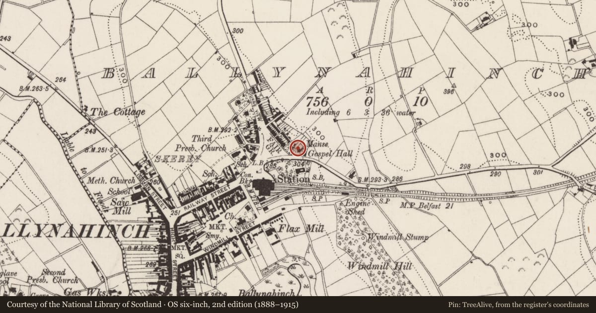 Ordnance Survey six-inch map, 2nd edition (1888–1915) covering the location of 2 Crossgar Road, Ballynahinch, Newry, Mourne and Down, with a pin at the register's coordinates