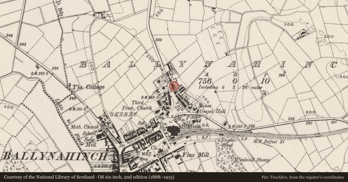 Ordnance Survey six-inch map, 2nd edition (1888–1915) covering the location of 9-15 Belfast Road, Ballynahinch, Newry, Mourne and Down, with a pin at the register's coordinates