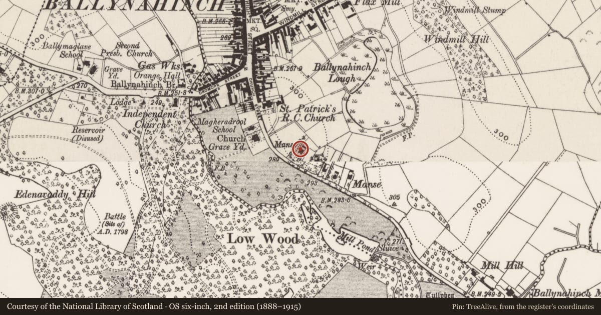 Ordnance Survey six-inch map, 2nd edition (1888–1915) covering the location of 14 Church Road, Ballynahinch, Newry, Mourne and Down, with a pin at the register's coordinates