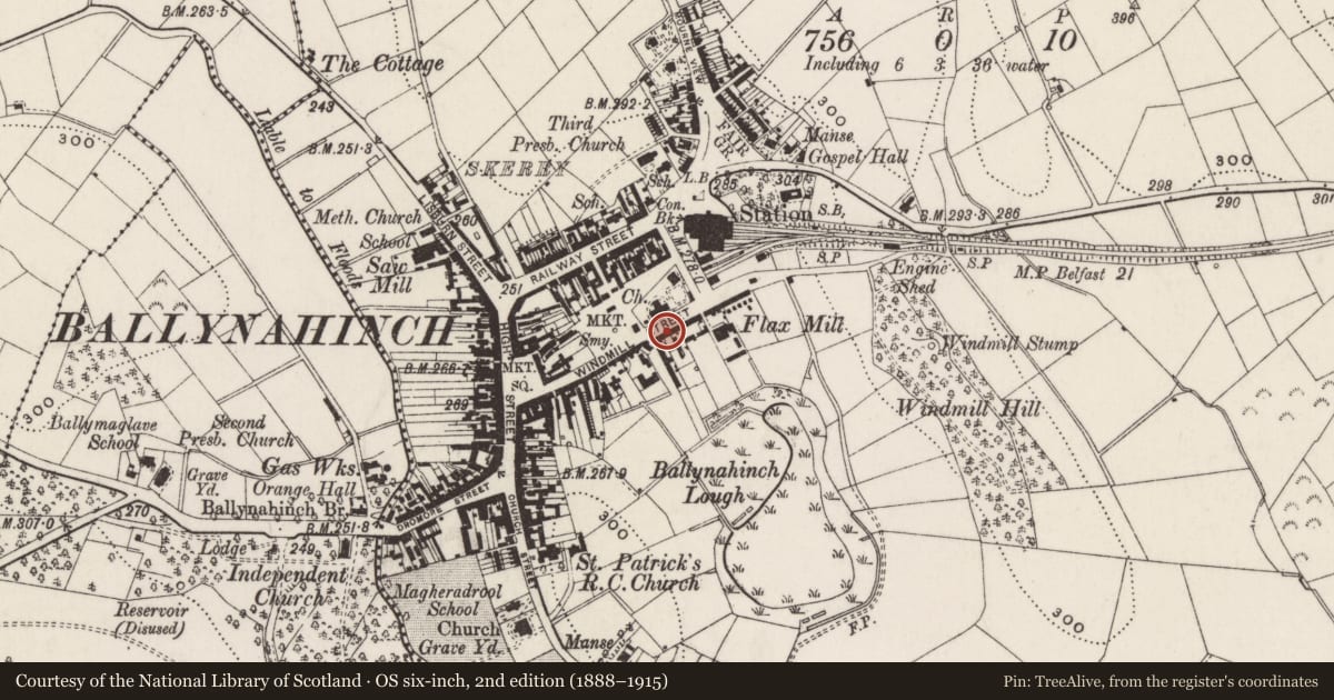 Ordnance Survey six-inch map, 2nd edition (1888–1915) covering the location of 49-79 Windmill Street, Ballynahinch, Newry, Mourne and Down, with a pin at the register's coordinates