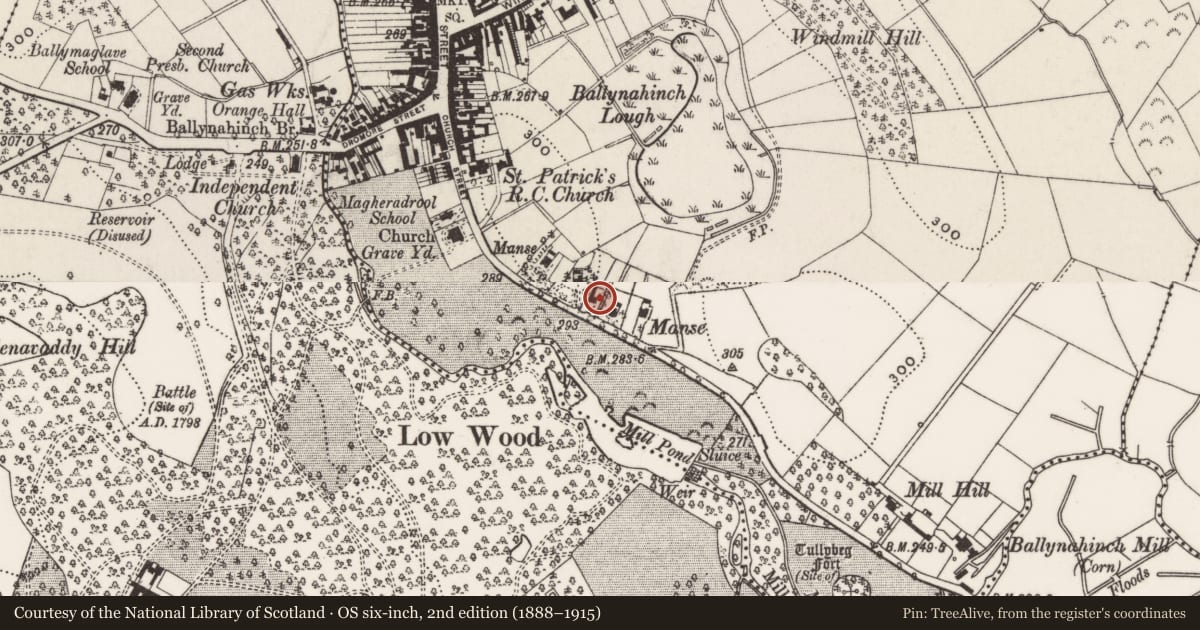 Ordnance Survey six-inch map, 2nd edition (1888–1915) covering the location of Myrtle Cottage, Ballynahinch, Newry, Mourne and Down, with a pin at the register's coordinates