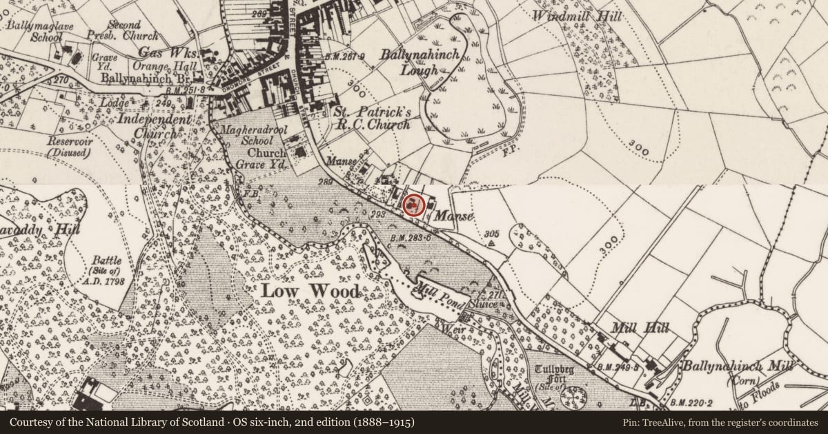 Ordnance Survey six-inch map, 2nd edition (1888–1915) covering the location of 22 Church Road, Ballynahinch, Newry, Mourne and Down, with a pin at the register's coordinates