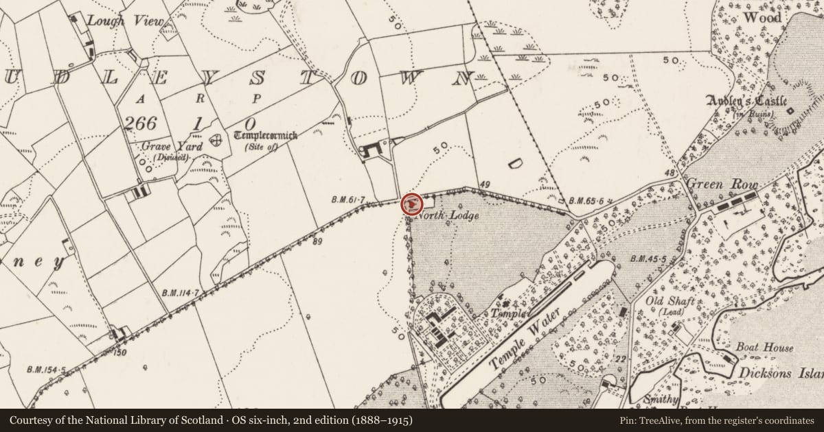 Ordnance Survey six-inch map, 2nd edition (1888–1915) covering the location of North Lodge, Newry, Mourne and Down, with a pin at the register's coordinates