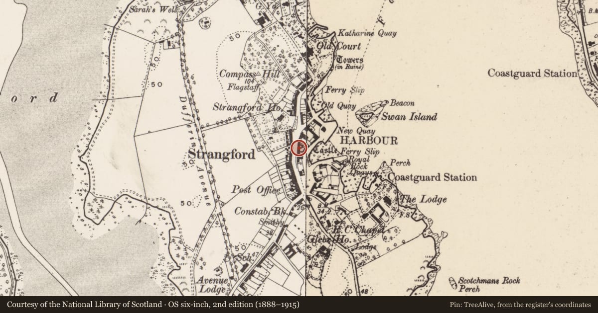 Ordnance Survey six-inch map, 2nd edition (1888–1915) covering the location of 8 Castle St., Newry, Mourne and Down, with a pin at the register's coordinates