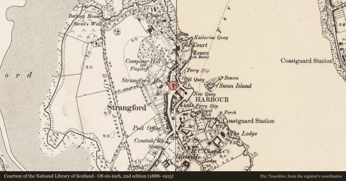 Ordnance Survey six-inch map, 2nd edition (1888–1915) covering the location of 22 Castle St., Newry, Mourne and Down, with a pin at the register's coordinates