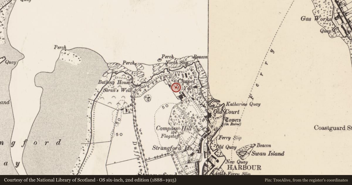 Ordnance Survey six-inch map, 2nd edition (1888–1915) covering the location of Old Court Cottage, Newry, Mourne and Down, with a pin at the register's coordinates