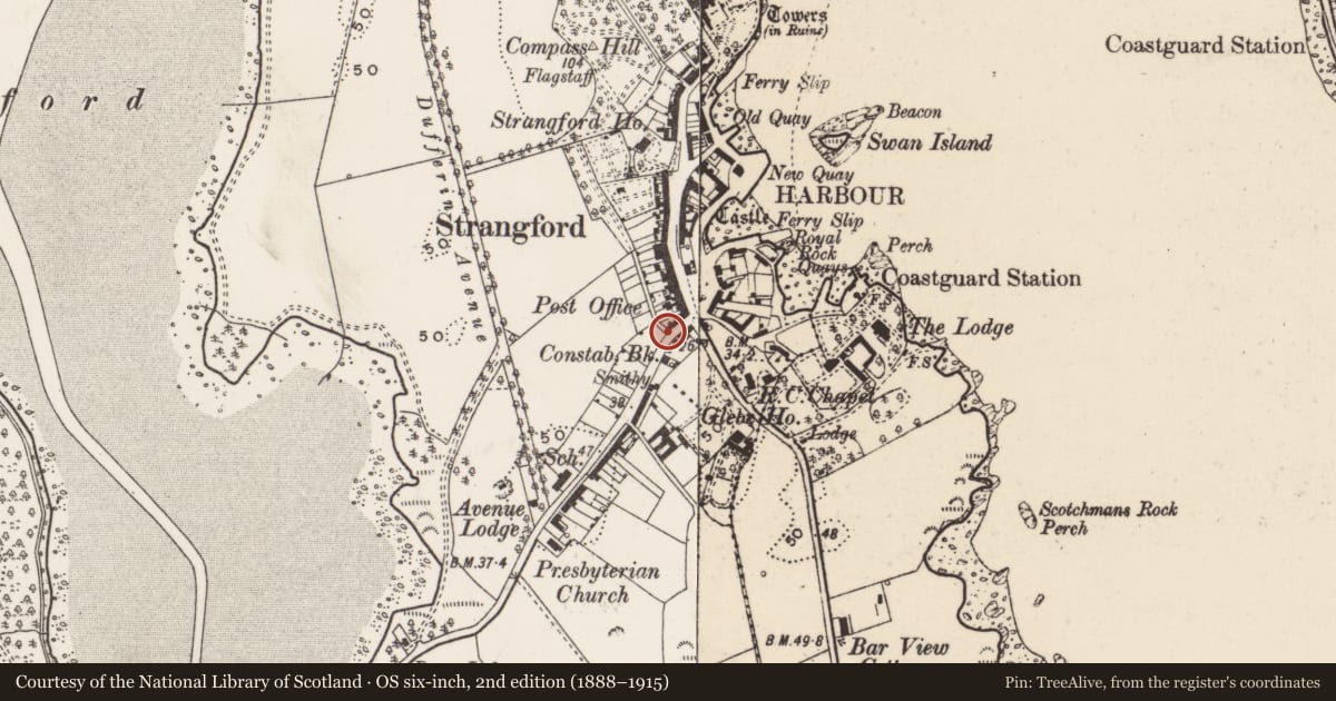 Ordnance Survey six-inch map, 2nd edition (1888–1915) covering the location of 1 Downpatrick Road, Newry, Mourne and Down, with a pin at the register's coordinates