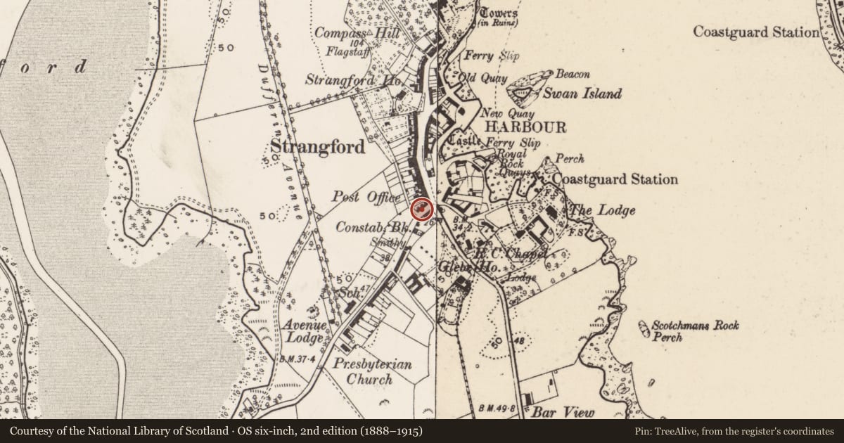 Ordnance Survey six-inch map, 2nd edition (1888–1915) covering the location of 5 Downpatrick Road, Newry, Mourne and Down, with a pin at the register's coordinates