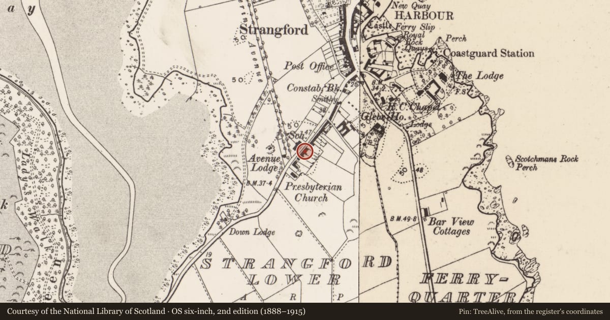 Ordnance Survey six-inch map, 2nd edition (1888–1915) covering the location of 42 Downpatrick Road, Newry, Mourne and Down, with a pin at the register's coordinates