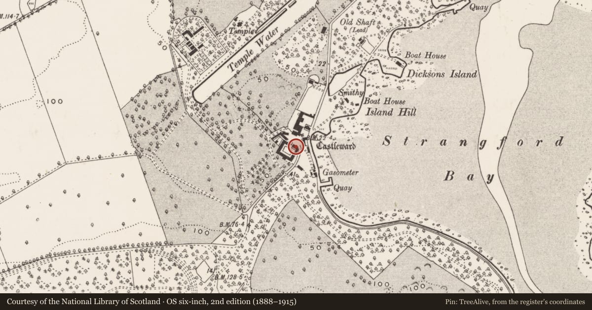 Ordnance Survey six-inch map, 2nd edition (1888–1915) covering the location of Open Shed Against Stable Yard, Newry, Mourne and Down, with a pin at the register's coordinates