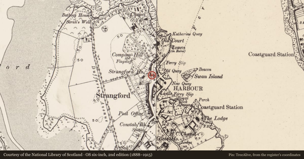 Ordnance Survey six-inch map, 2nd edition (1888–1915) covering the location of Boundary Wall Along Lough Road To Gas Quay, Newry, Mourne and Down, with a pin at the register's coordinates