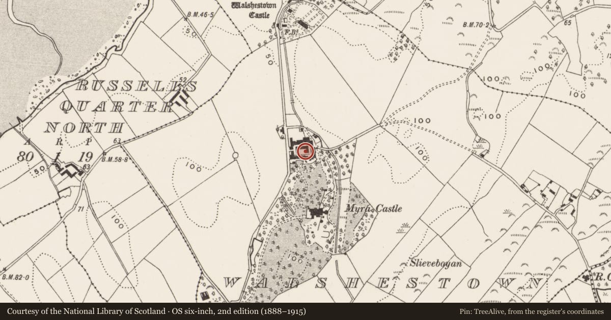 Ordnance Survey six-inch map, 2nd edition (1888–1915) covering the location of Coach And Farmyard, Newry, Mourne and Down, with a pin at the register's coordinates