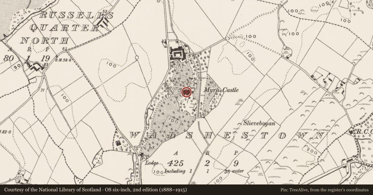 Ordnance Survey six-inch map, 2nd edition (1888–1915) covering the location of Myra Castle, Myra Road, Walshestown, Strangford, Co Down, Newry, Mourne and Down, with a pin at the register's coordinates