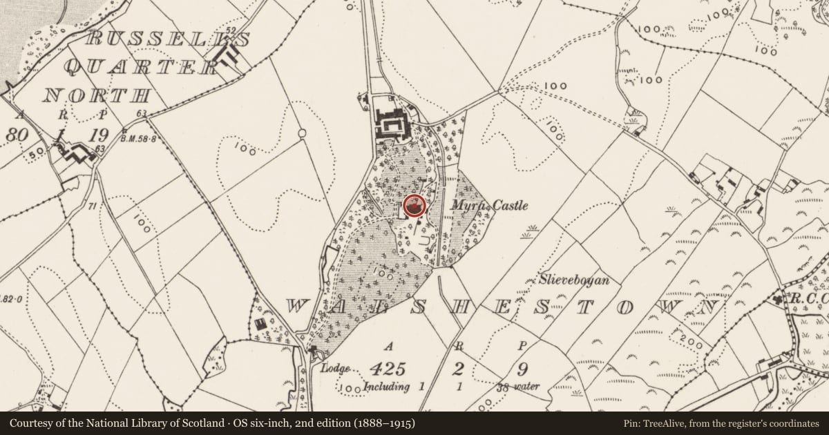Ordnance Survey six-inch map, 2nd edition (1888–1915) covering the location of Myra Castle Related Structures, Newry, Mourne and Down, with a pin at the register's coordinates