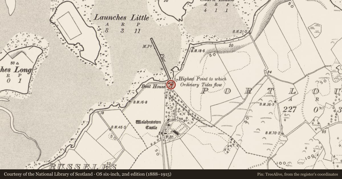 Ordnance Survey six-inch map, 2nd edition (1888–1915) covering the location of Boat House at Myra Castle Demesne, Walshestown, Newry, Mourne and Down, with a pin at the register's coordinates