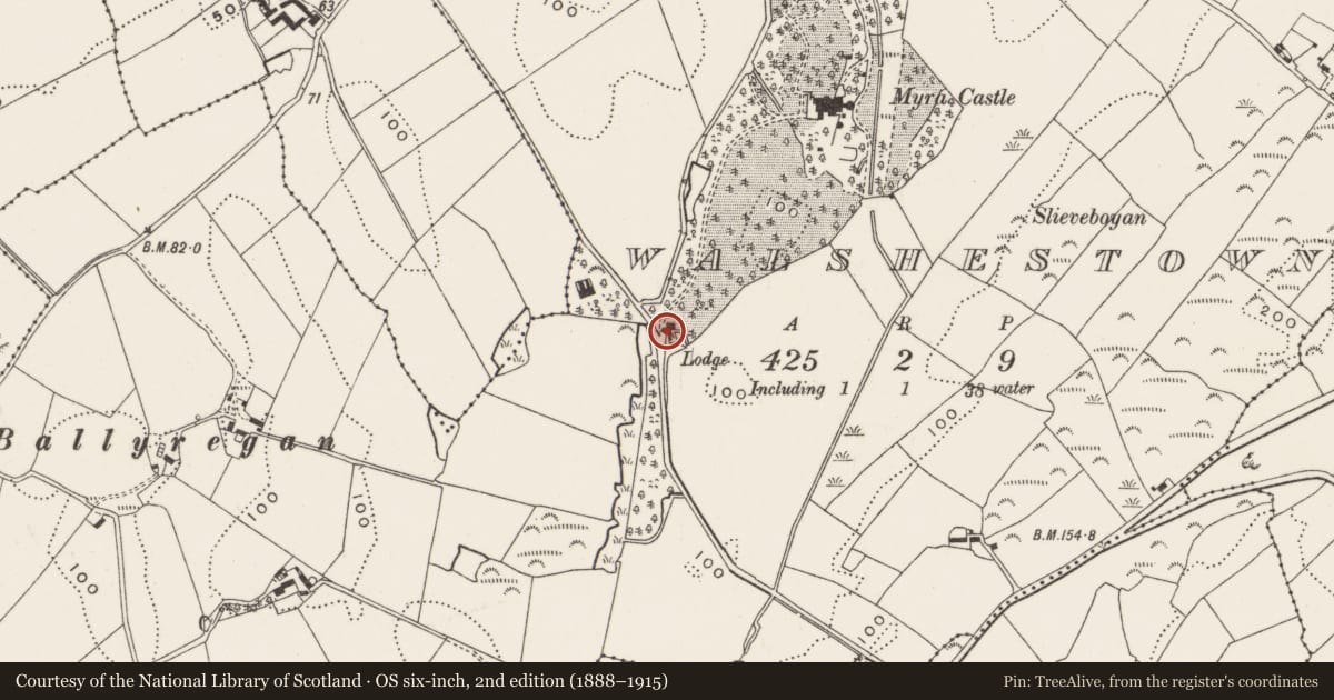 Ordnance Survey six-inch map, 2nd edition (1888–1915) covering the location of Entrance Gate, Newry, Mourne and Down, with a pin at the register's coordinates