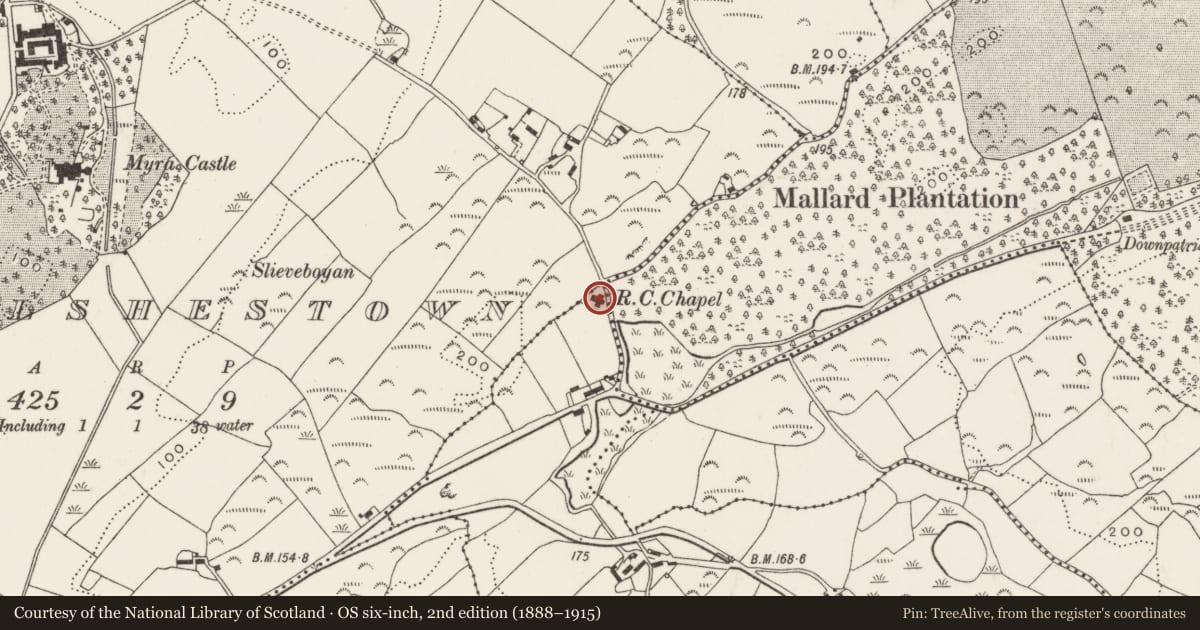 Ordnance Survey six-inch map, 2nd edition (1888–1915) covering the location of St. Tassach'S R C CHURCH, Newry, Mourne and Down, with a pin at the register's coordinates