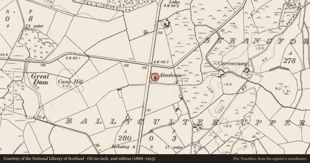 Ordnance Survey six-inch map, 2nd edition (1888–1915) covering the location of Former Alms House, Newry, Mourne and Down, with a pin at the register's coordinates