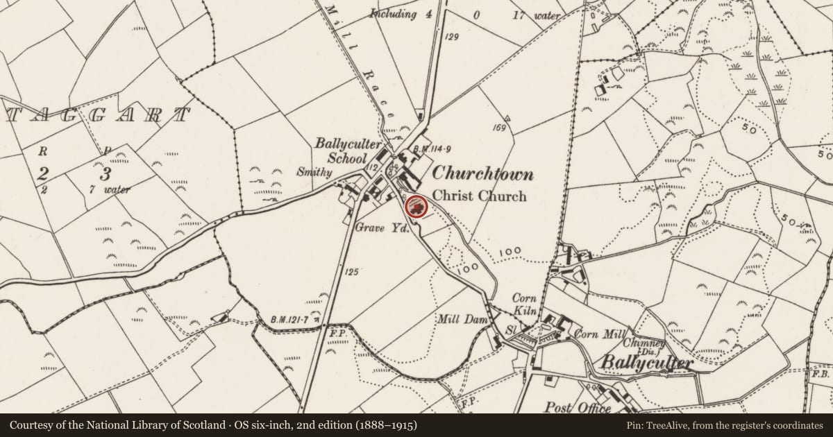 Ordnance Survey six-inch map, 2nd edition (1888–1915) covering the location of Christ Church, Newry, Mourne and Down, with a pin at the register's coordinates