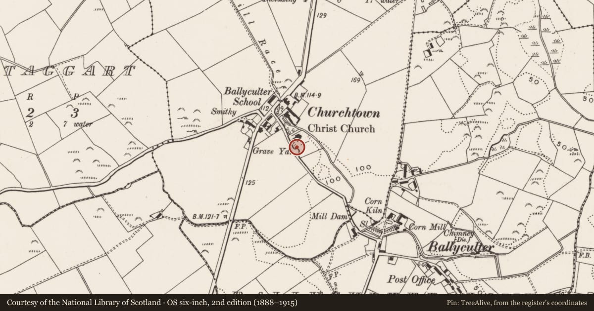 Ordnance Survey six-inch map, 2nd edition (1888–1915) covering the location of Lynch Gate, Newry, Mourne and Down, with a pin at the register's coordinates