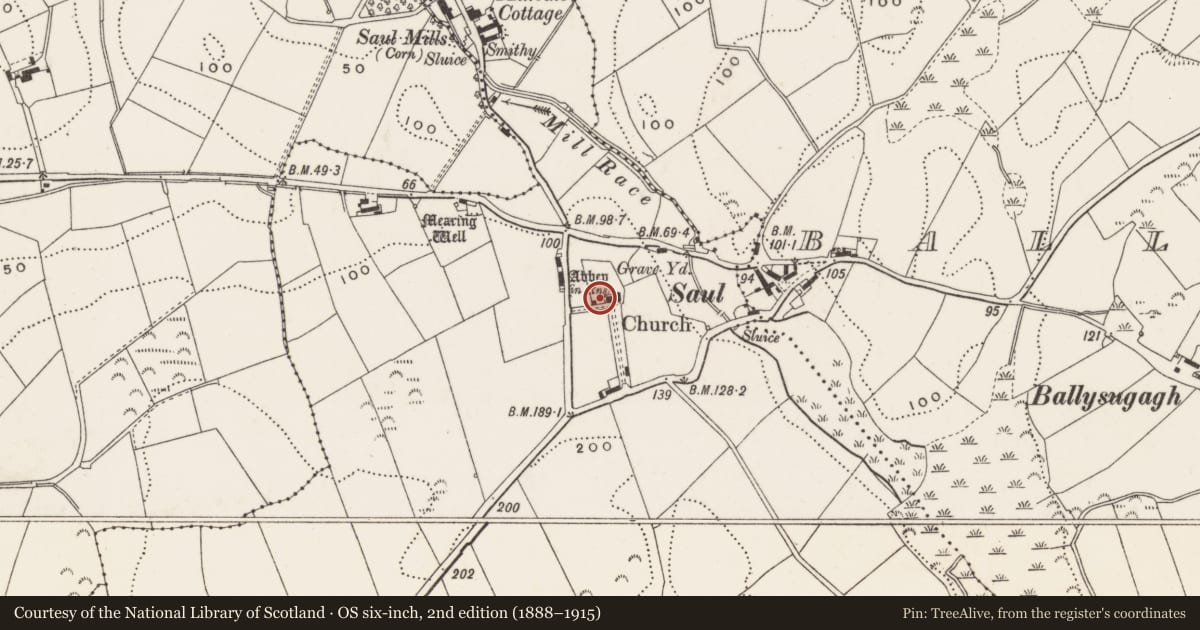 Ordnance Survey six-inch map, 2nd edition (1888–1915) covering the location of Ruined Gable Wall At St. Patrick'S Churchyard, Newry, Mourne and Down, with a pin at the register's coordinates