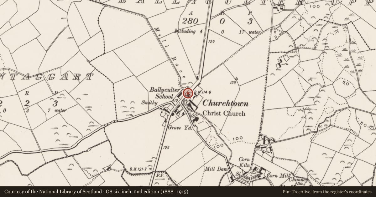 Ordnance Survey six-inch map, 2nd edition (1888–1915) covering the location of Telephone Kiosk 30 Churchtown Road Ballyculter Upper Downpatrick Co. Down BT30 7AT, Newry, Mourne and Down, with a pin at the register's coordinates