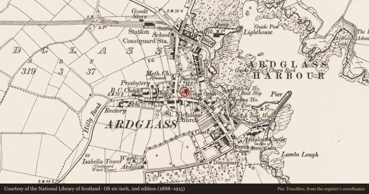 Ordnance Survey six-inch map, 2nd edition (1888–1915) covering the location of Kings Castle, Newry, Mourne and Down, with a pin at the register's coordinates