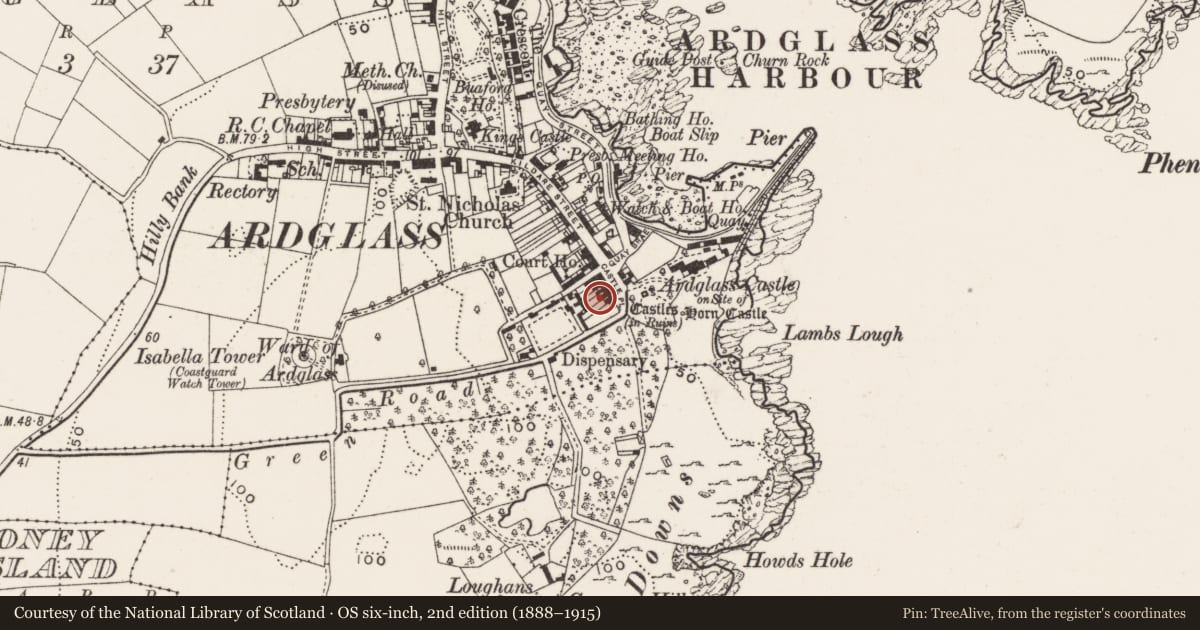 Ordnance Survey six-inch map, 2nd edition (1888–1915) covering the location of 7 Castle Place, Newry, Mourne and Down, with a pin at the register's coordinates
