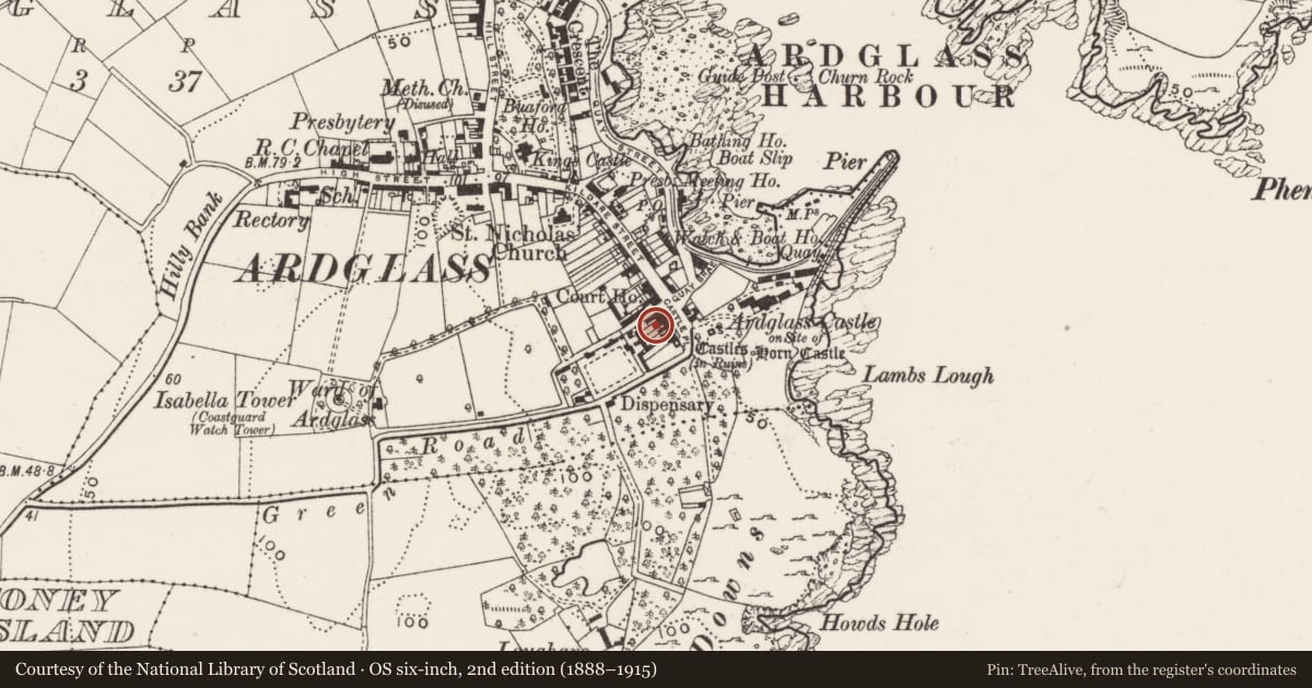 Ordnance Survey six-inch map, 2nd edition (1888–1915) covering the location of 3 Castle Place, Newry, Mourne and Down, with a pin at the register's coordinates