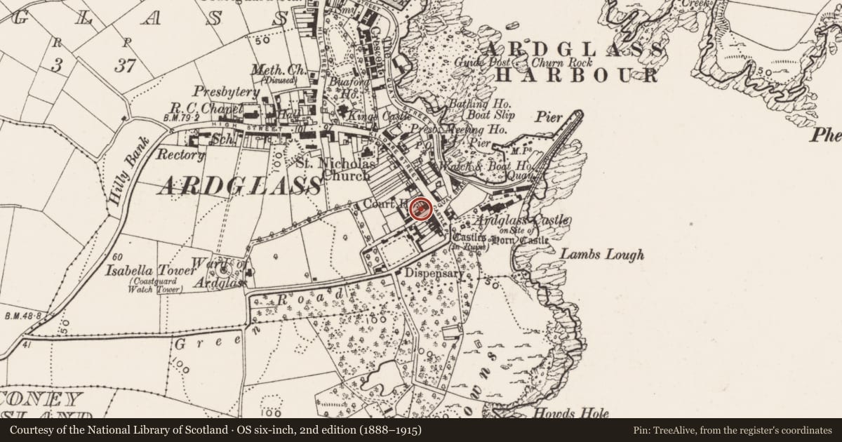 Ordnance Survey six-inch map, 2nd edition (1888–1915) covering the location of 2 Kildare St., Newry, Mourne and Down, with a pin at the register's coordinates