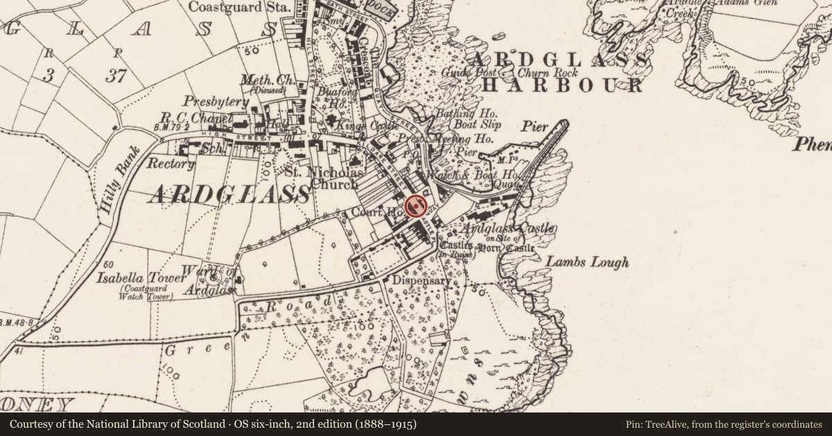 Ordnance Survey six-inch map, 2nd edition (1888–1915) covering the location of 5 Kildare St., Newry, Mourne and Down, with a pin at the register's coordinates