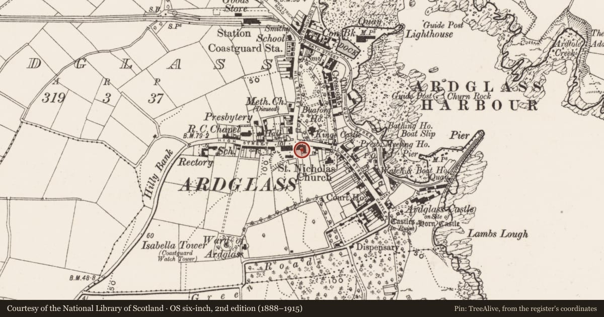 Ordnance Survey six-inch map, 2nd edition (1888–1915) covering the location of 1, 2, 3 Kildare Place, Newry, Mourne and Down, with a pin at the register's coordinates