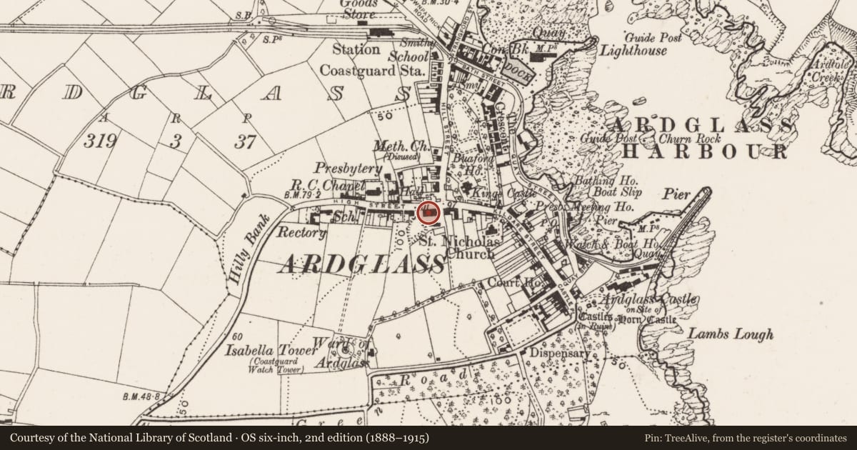 Ordnance Survey six-inch map, 2nd edition (1888–1915) covering the location of 4-14 High St., Newry, Mourne and Down, with a pin at the register's coordinates