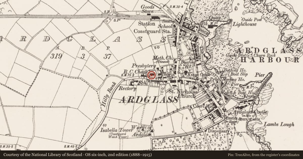 Ordnance Survey six-inch map, 2nd edition (1888–1915) covering the location of St. Nicholas R C CHURCH, Newry, Mourne and Down, with a pin at the register's coordinates