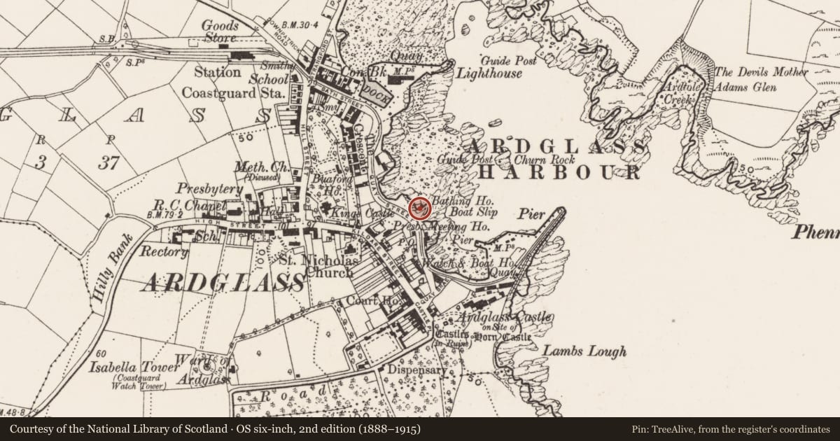 Ordnance Survey six-inch map, 2nd edition (1888–1915) covering the location of Bathing House Off Quay St., with a pin at the register's coordinates
