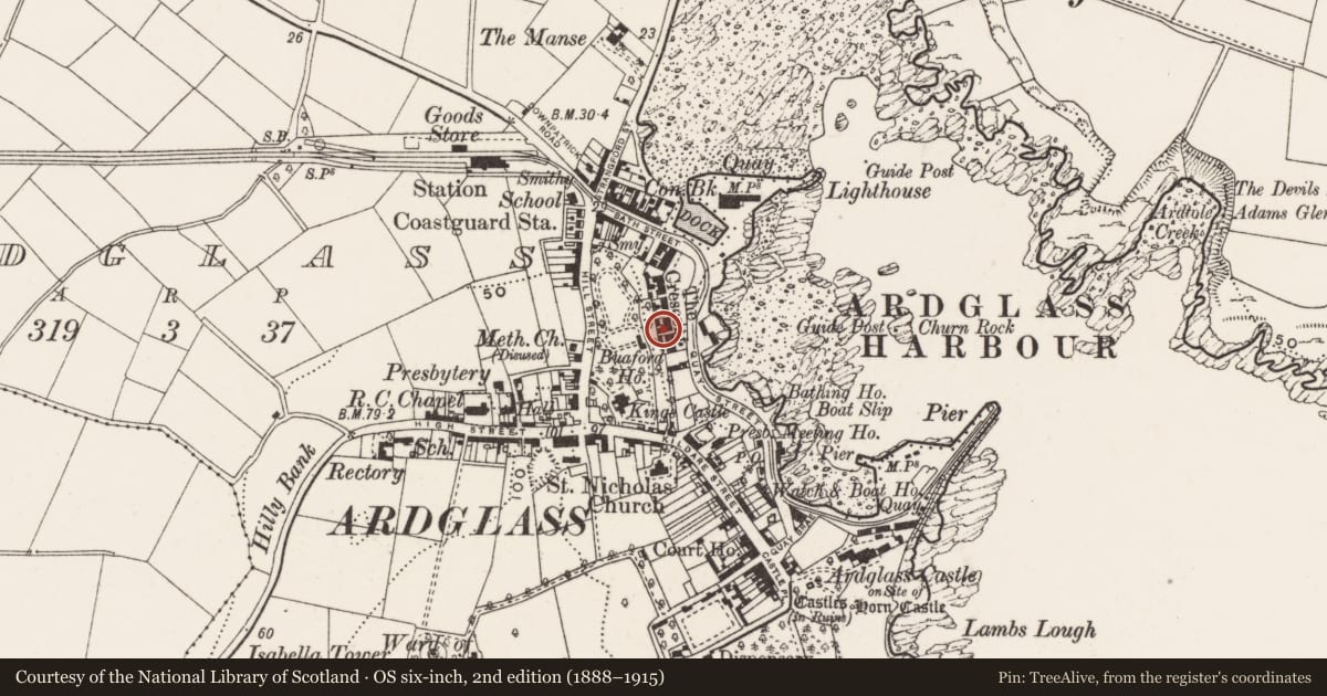 Ordnance Survey six-inch map, 2nd edition (1888–1915) covering the location of 1 The Crescent, Newry, Mourne and Down, with a pin at the register's coordinates