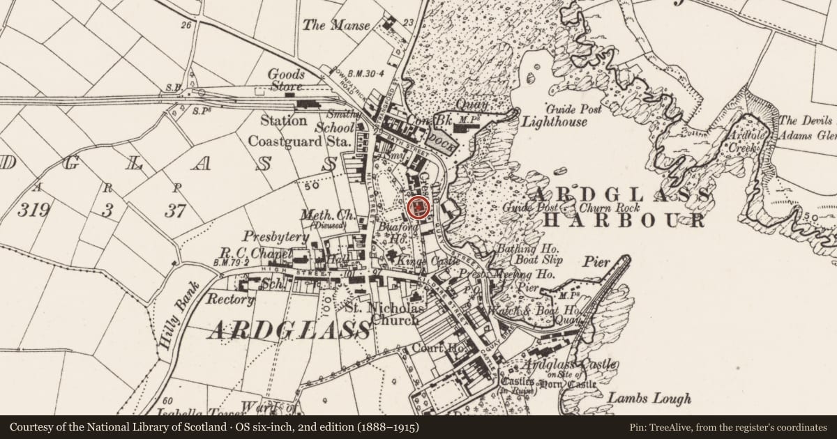 Ordnance Survey six-inch map, 2nd edition (1888–1915) covering the location of 2 The Crescent, Newry, Mourne and Down, with a pin at the register's coordinates