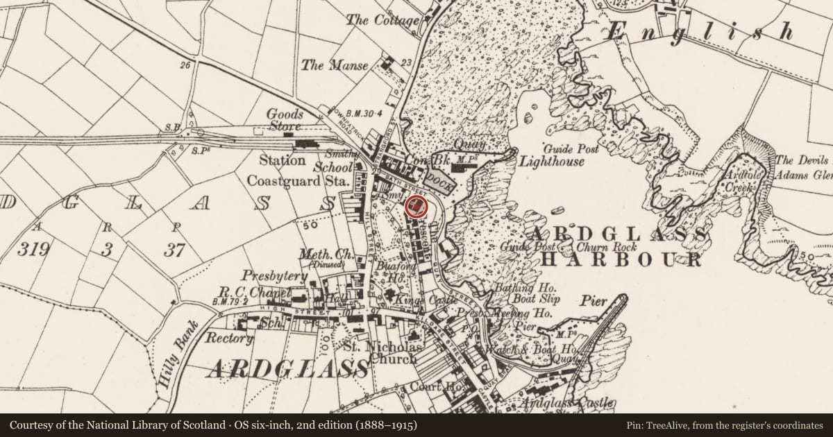Ordnance Survey six-inch map, 2nd edition (1888–1915) covering the location of 8 The Crescent, Newry, Mourne and Down, with a pin at the register's coordinates