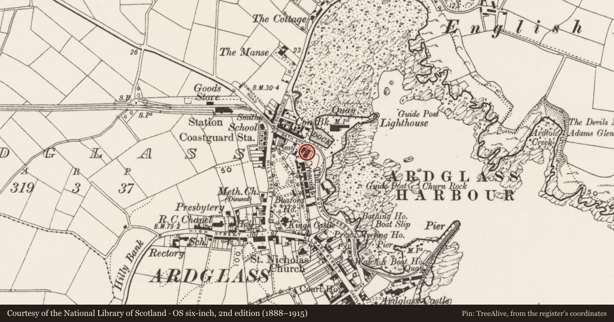 Ordnance Survey six-inch map, 2nd edition (1888–1915) covering the location of 9 The Crescent, Newry, Mourne and Down, with a pin at the register's coordinates