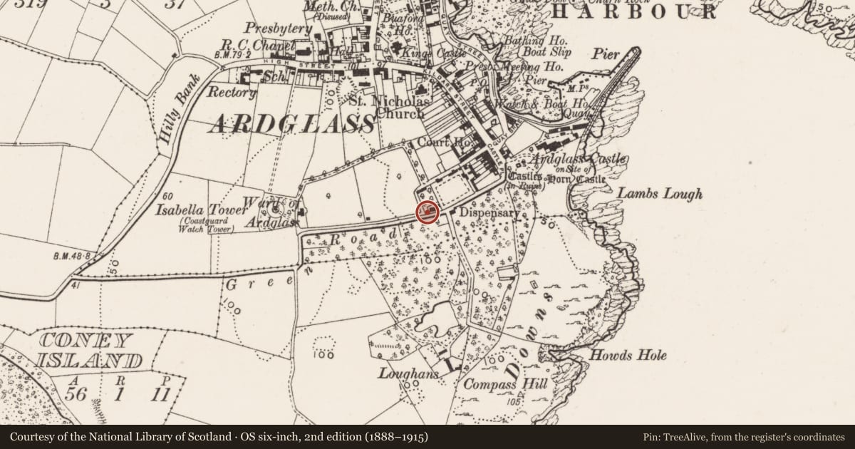 Ordnance Survey six-inch map, 2nd edition (1888–1915) covering the location of 7 Green Road, Newry, Mourne and Down, with a pin at the register's coordinates