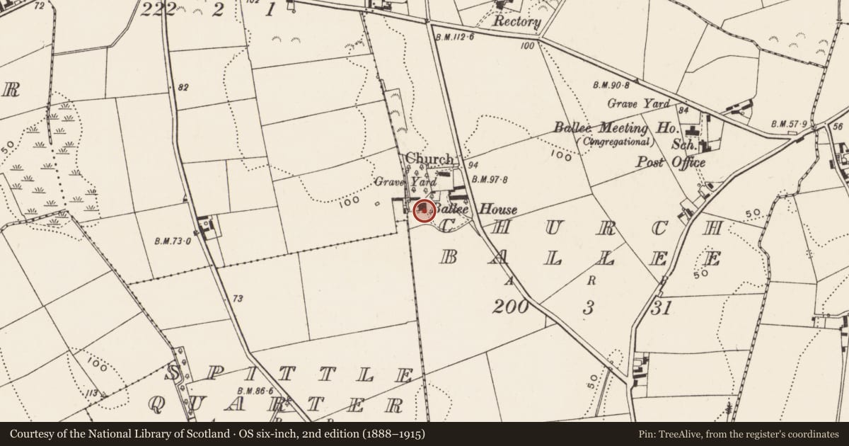 Ordnance Survey six-inch map, 2nd edition (1888–1915) covering the location of Ballee House, Newry, Mourne and Down, with a pin at the register's coordinates